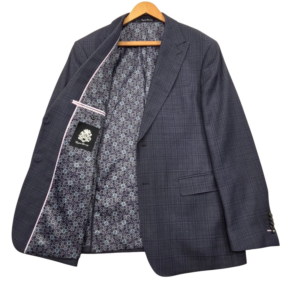 English Laundry Navy‎ Blue Glen Plaid Wool Blend Blazer Jacket Mens 44R